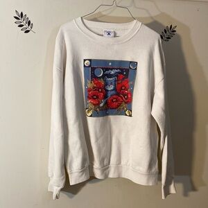 Vintage Delta sweat shirt with cat with flowers and night sky.